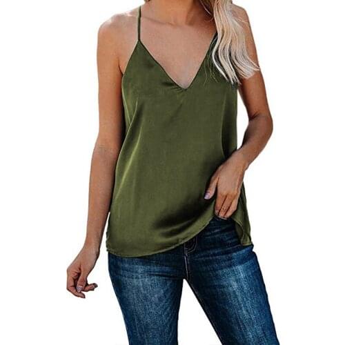 2020 Women Sleeveless Tanks Silk Satin Strap Sexy Solid Cami Basic Type Tanks Casual Silk Satin Camisole Plain Strappy Vest Top