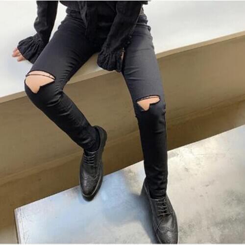 Men Black Slim Fit Hole Ripped Jeans Trousers Male Women Punk Gothic Fashion Hip Hop Skinny Denim Pencil Pant