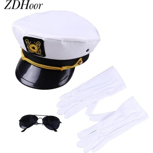 Mens Sexy Cosplay Navy Sailor Costumes Clubwear Aviator Role Play Outfit Captain Hat with Sunglasses White Gloves Exotic Clothes