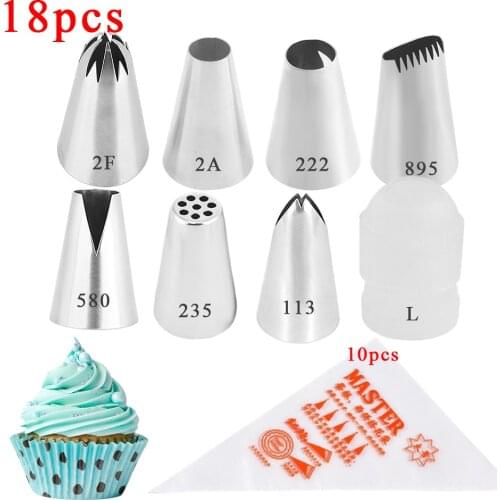 18PCS Cake Tips Set Pastry Bag Tips Kitchen Cake Icing Piping Cream Cake Decorating Tools Reusable Pastry Bags+6 Nozzle Set