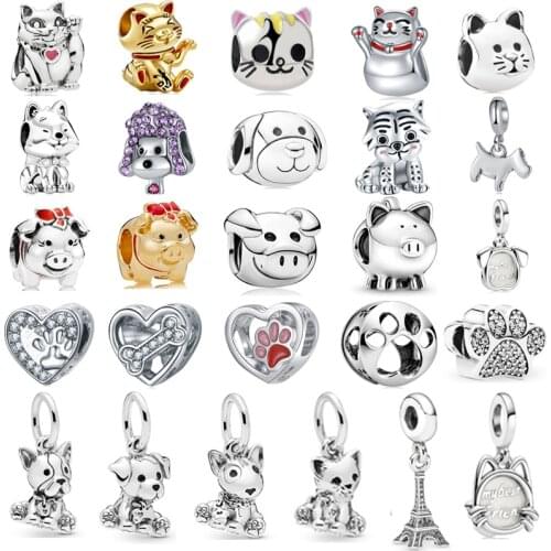 New Cute Lucky Cat Dog Pig Dog Paw Pendant Bead Fit Original Pandora Charms Silver Color Bracelets Wholesale Custom Girl Jewelry