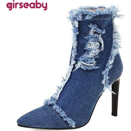 Girseaby 2021 Autumn Design Ripped Denim Ankle Boots Pointed Toe Stiletto High Heel Back Zip Fur inside Small Size 33-45 S2479
