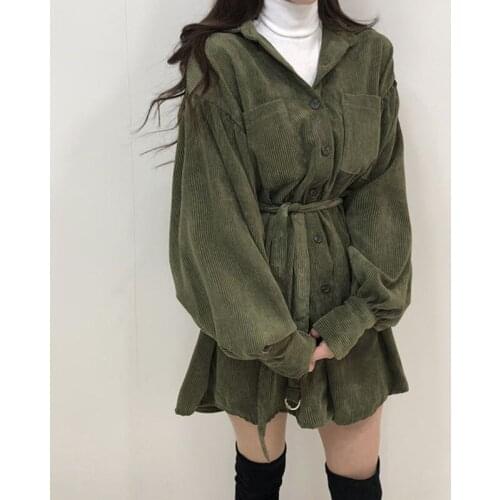 Zoki Loose Women Chic Corduroy Shirt Dress Elegant Belt Tunic Lantern Long Sleeve High Waist Vintage Autumn Pocket Vestidos 2021