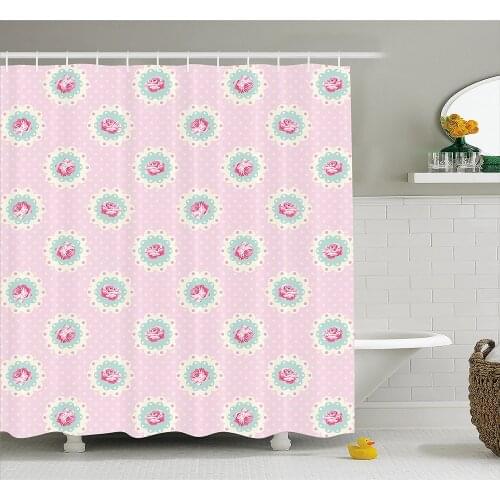 Shabby Chic Decor Shower Curtain Retro Polka Dotted Backdrop and Floral Motifs Roses Cottage Waterproof Polyester Bath Curtains