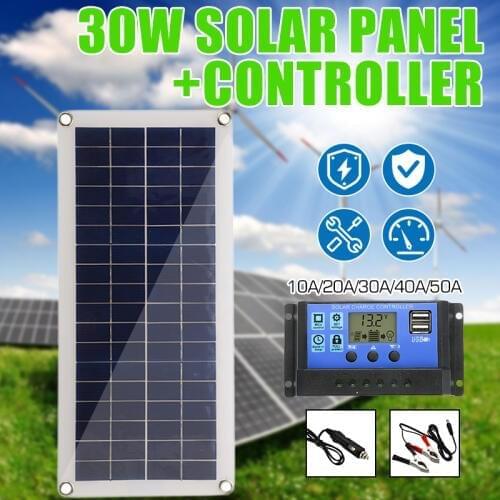 Solar Panel 30W 12V Dual USB Output Solar Cells Poly Solar Panel 10/20/30/40/50A Controller for Car Yacht Battery Boat Charger