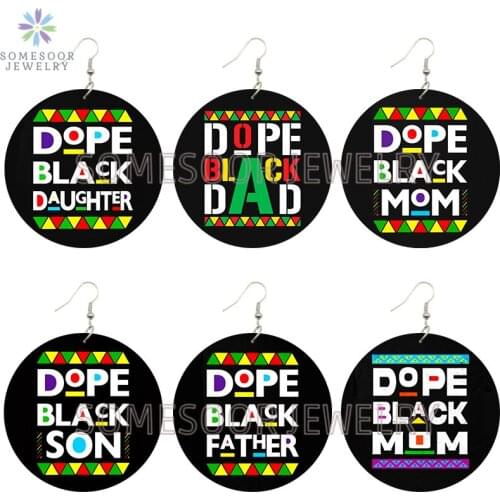 SOMESOOR Dope Smart Black Family Arts Printed Round Wooden Drop Earrings Powerful Sayings Loops Dangle Jewelry For Women Gifts