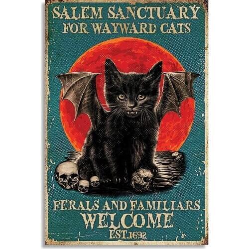 Salem Sanctuary for Wayward Black Cats Vampire Vintage Retro Metal Tin Sign Wall Home Decor Poster 8x12 Inch Iron Painting