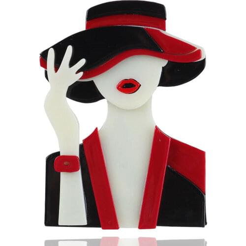 New Creative Black Red Suit Lady Wear Hat Brooch For Women Personality Acrylic Resin Badges Lapel Pins Brooches Fashion Jewelry