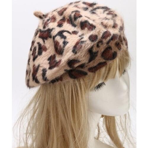 Rabbit Fur Berets Hat Women Autumn Winter Newsboy Hat Leopard Print Beanie Artist Painter Cap Elegant Lady Bonnet Warm Beret