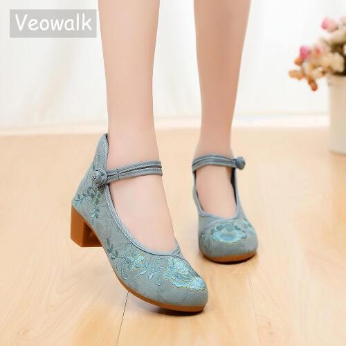 Veowalk Jacquard Cotton Embroidered Women 4CM Medium High Heels Ladies Canvas Embroidery Block Heeled Pumps Comfort Chunky Shoes