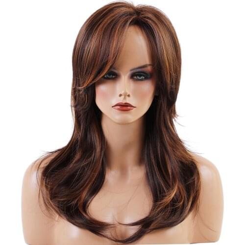 Lady Layered Straight Wavy Full Wig Synthetic Hair Safe Party Mix Brown Long Layered Straight Wig With Bangs High Quality