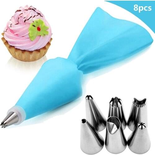 8Pcs/Set Silicone Pastry Bag Tips Kitchen Cake Icing Piping Cream Cake Decorating Tools Reusable Pastry Bags+6 Nozzle Set