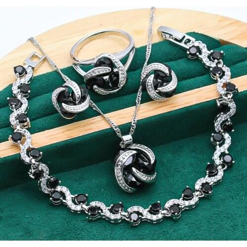 925 Silver Jewelry Sets For Women Wedding Black Zircon Bracelet Earrings Necklace Pendant Ring Christmas Gift 4PCS