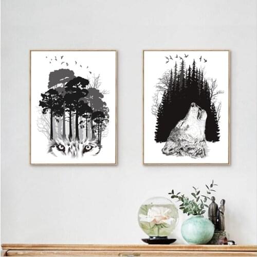 Abstract Animal Wolf Canvas Art Wall Pictures , Hand Drawn Wolf and Forest Canvas Painting Home Living Room Modern Decoration