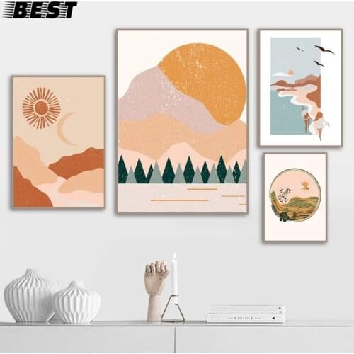 Abstract Landscape Posters Prints Mountain Sea Forest Canvas Painting Sun and Moon Wall Pictures for Living Room Boho Wall Decor