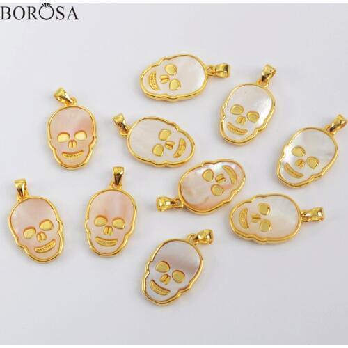 BOROSA 10Pcs Fashion Gold Plating Skull Charm Pendant Natural White/Pink Shell Cranial Shape Pendant for Necklace Jewelry WX1218
