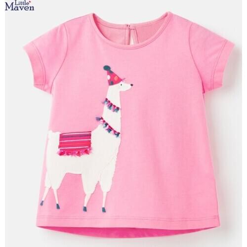 Little Maven New Summer Children Pink Llama Appliques Tassels O-neck Short-sleeved Cotton Knitted Girls Casual CuteTshirts Tops