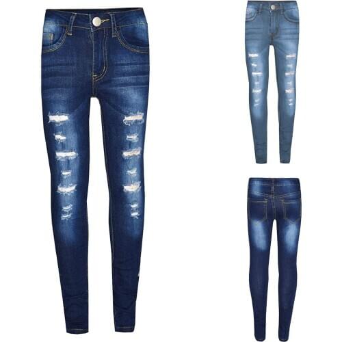 Jeans for Teenage Girls Childrens Fashion Tight Hole Pocket Button Zipper Long Jeans 3-13 Years Kids Pants джинсы для девушек