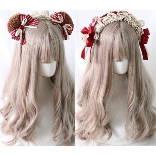 Lolita JK Uniform Headband Dark Red Kawaii Bear Ear Plush KC Lace Bowknot Hairpin Hair Band Cosplay B1698