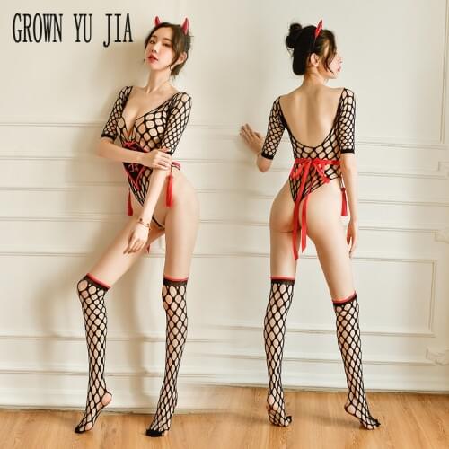 Hot Babydoll Sexy Bodystocking Erotic Cosplay Costume Devil Lingerie Fishnet Bodysuits Porno Fishnet Stocking Set High Cut Teddy