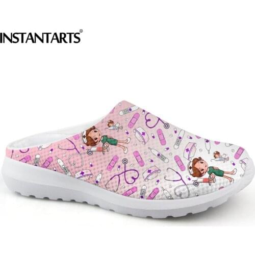 INSTANTARTS Pink Gradient Cartoon Nurse Surgical Print Home Slipper Lightweight Flat Medical Shoes Breathable Mesh Sandals Mujer