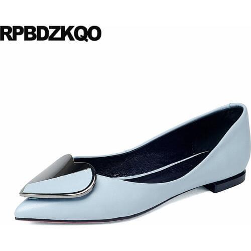 China Women Dress Shoes Heart Pointed Toe Designer Slip On Work 2018 Low Heel Pink Metal Metallic Blue Flats Ladies Large Size