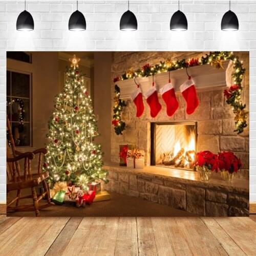 Laeacco Christmas Tree Lights Fireplace Red Socks Newborn Birthday Photo Photography Backdrop Photo Background For Photo Studio