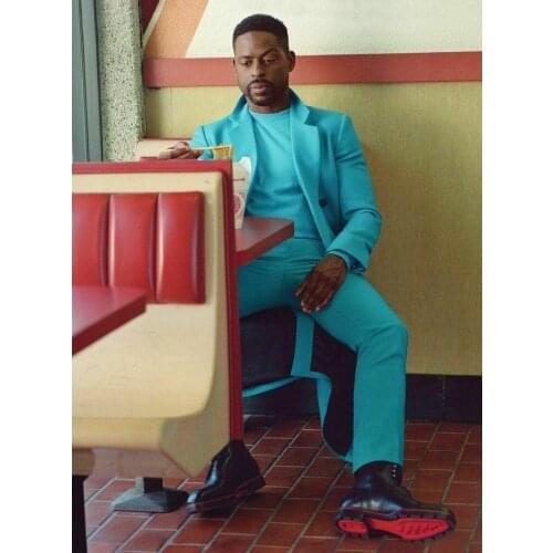 Summer Blue Mens Suits One Button Peaked Lapel Groom Wear Wedding Tuxedos Formal Prom Cocktail Best Man Blazer Suit Jacket+Pants