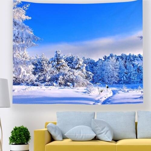 Hanging Wall Tapestry Snow Forest Scene Home Decor Washable Polyester HD Printed Fadeless For Tablecloth Beach Picnic Blanket