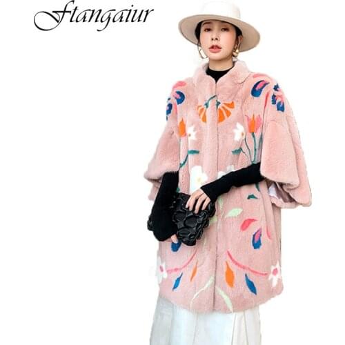 Ftangaiur 2021 Winter Import Purple label Velvet Mink Fur Coat Print Three Quarter Sleeve Mink Coat Women Real Mink Fur Coats