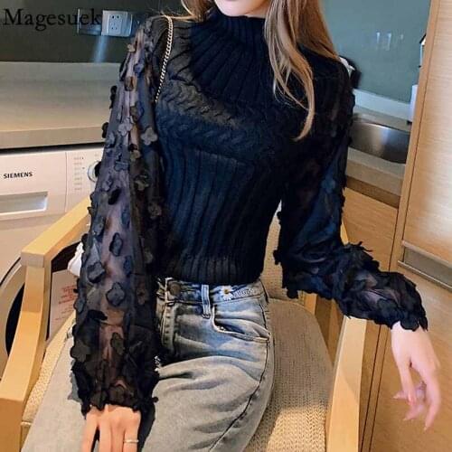 Autumn Long Sleeve Chiffon Sweater Women Flowers Cropped Sweater Winter Knitted Sweater for Women Long Sleeve Solid Top 16264