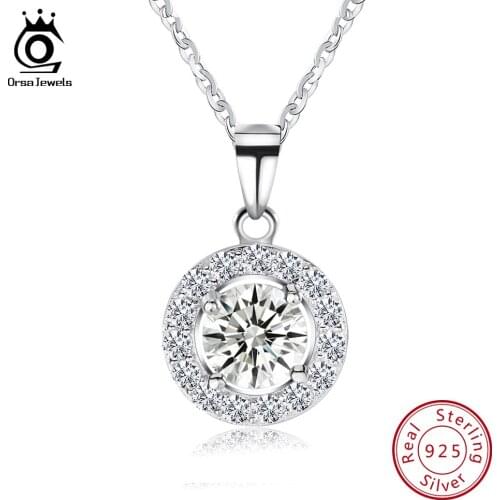 ORSA JEWELS Big Round 12mm Pendant Necklace For Women With Luxury Shiny AAA Zircon Silver 925 Vintage Jewelry Gift OSN43