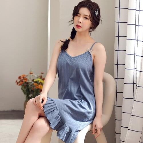 Pure Cotton Pajamas Womens Summer Thin Sling Nightdress Sweet Casual Plus Size Skirt Home Service Sexy nightwear Sleepwear