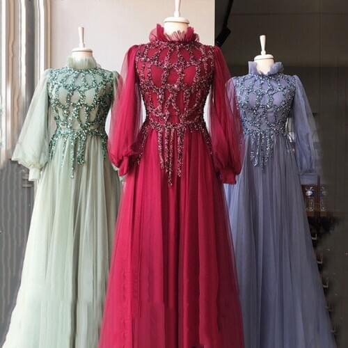 Eightale Arabic Evening Dresses High Neck Beaded Long Sleeves Tulle Muslim Morocco Kaftan Dubai Prom Elegant Party Dress