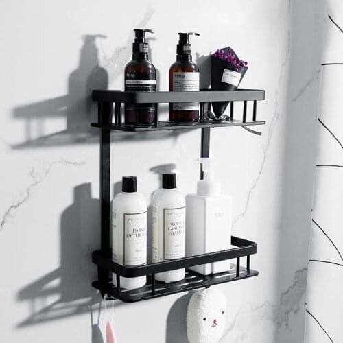 Bathroom Shelf Triple Tier Wall-Mounted Perforated Toilet Accessories Rack Black Toilet Vanity Shower Room Rack
