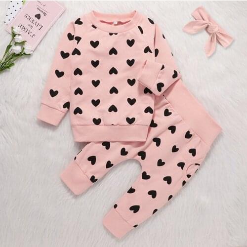 0-24Months Full screen love Pink girl Newborn Infant Baby Girls Valentine Heart Print Pullover Tops+Pants Set baby girl stuff M5