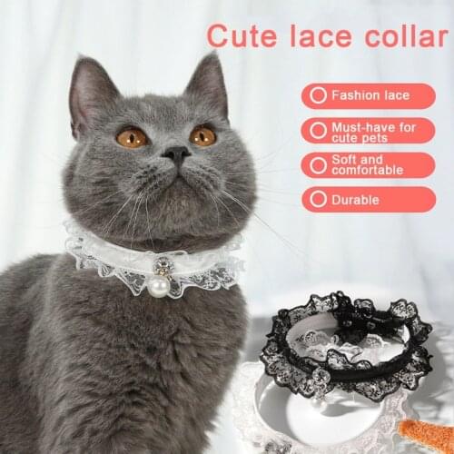 PU Leather Adjustable Cat Collar with Bell Puppy Kitty Necklace Black White Lace Pet Small Medium Dog Collar