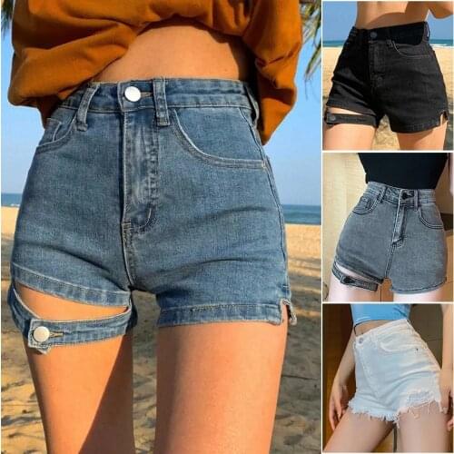 Womens Denim Shorts Korean Style High Waist Sexy Cut Out Aesthetic Streetwear Slit Jean Shorts Ripped Womens Summer Clothing