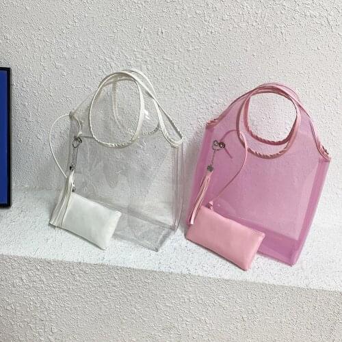2 Pcs Women Fashion PVC Transparent Tassel Shoulder Underarm Pouch Portable Large Capacity Shopping Zipper Handbag Composite Bag