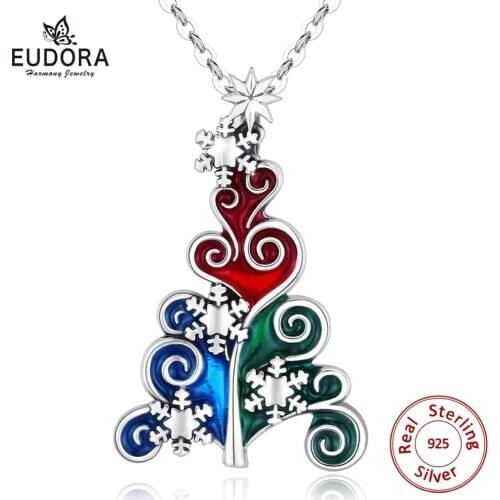 EUDORA 925 Sterling Silver Multicolor Christmas Tree Pendant Necklace Christmas Snow Decoration Jewelry for Xmas Day Gift CYD607