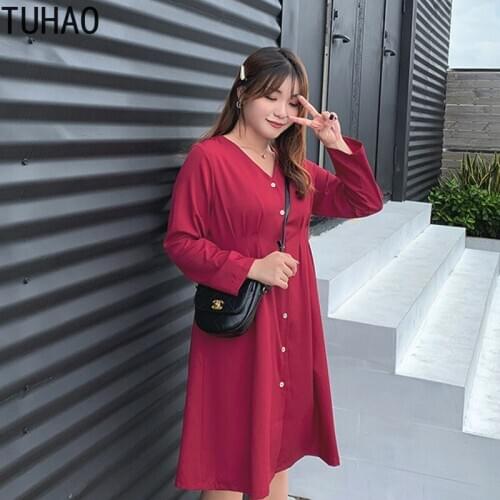 TUHAO Women Dress High Waist Plus Size 4XL Elegant Casual Black Red Loose Dresses Woman Spring Autumn Office Lady Dress LW204