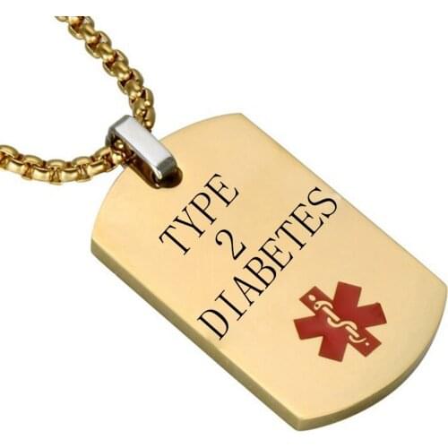 TYPE 2 DIABETES Gold Dog Tag Pendant Medical Alert ID Necklace for Men ICE SOS Personalize Necklaces Jewelry