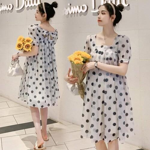 2021 Summer Dot Printed Chiffon Maternity Dress Sweet Large Size Loose Clothes for Pregnant Women Korean Fashion Pregnancy