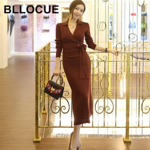 BLLOCUE Lady 2020 Autumn Winter New Korean Temperament Slim Long Sweater V-neck Knitted Dresses Fashion Elegant Womens Clothing