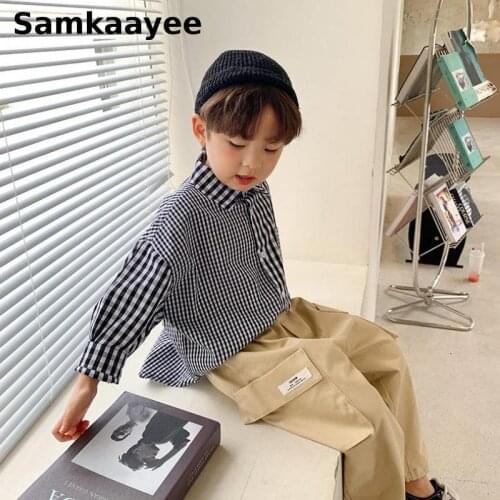 2-13y Boys Shirts Spring Autumn Kids Plaid Shirts Children Long-Sleeved Clothes Baby Turn-Down Collar Tops Letter Clothing y42