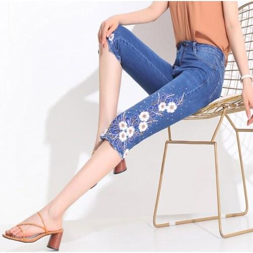 FERZIGE New Summer Straight Stretch Luxury Jeans Women High Quality Handmade Beading Embroidery Pants Female Plus Size