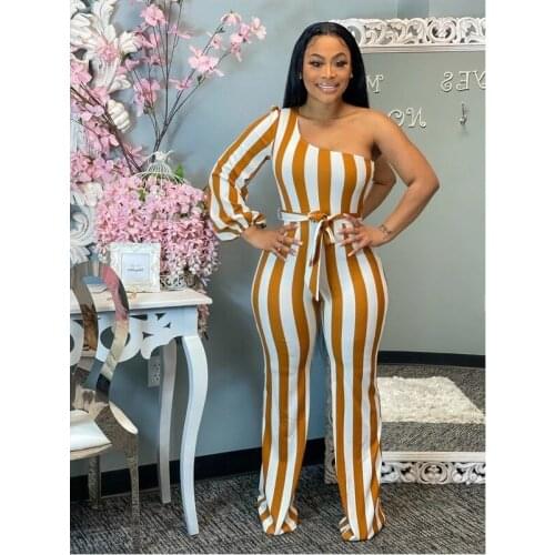 Zoctuo Yellow Striped Party Jumpsuits For Women Long Sleeve One Shoulder Romper Jumpsuit With Belt Fashion Casual Sexy Jumpsuits