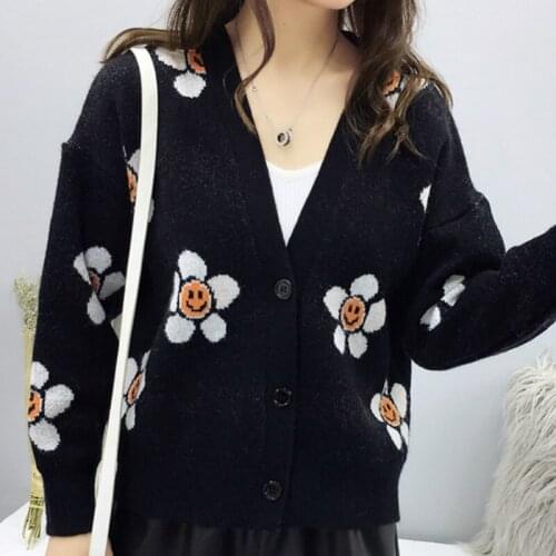 Korean Cropped Sweater Women Knit Cardigans V-Neck Cute Floral Print Cashmere Top Long Sleeve Single Breasted Loose Pull Femme