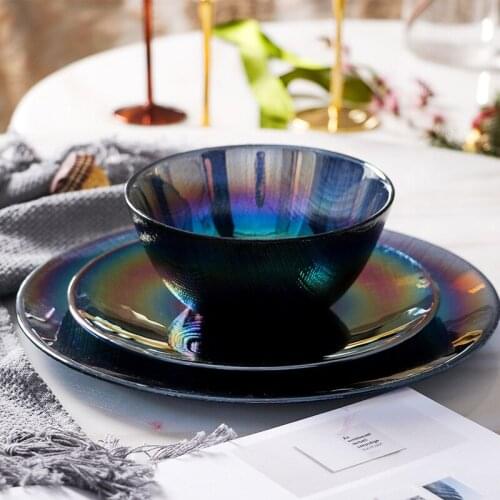 Creative Colorful Glass Plate Bowl Dark Magic Nordic Style Tableware Fruit Plate Salad Bowl Cake Dish Set