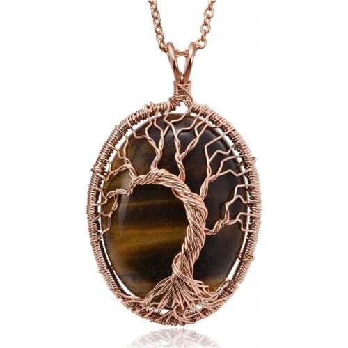 Amethysts Stone Copper Plated Wire Wrap Tree of Life Pendant Oval Shape Necklace Green Aventurine Jewelry